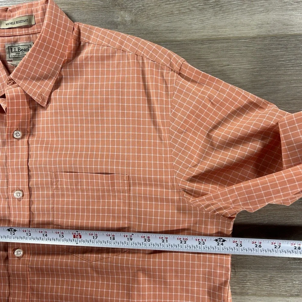 LL Bean Mens Large Orange Check Wrinkle Free Traditional‎ Fit Button Down